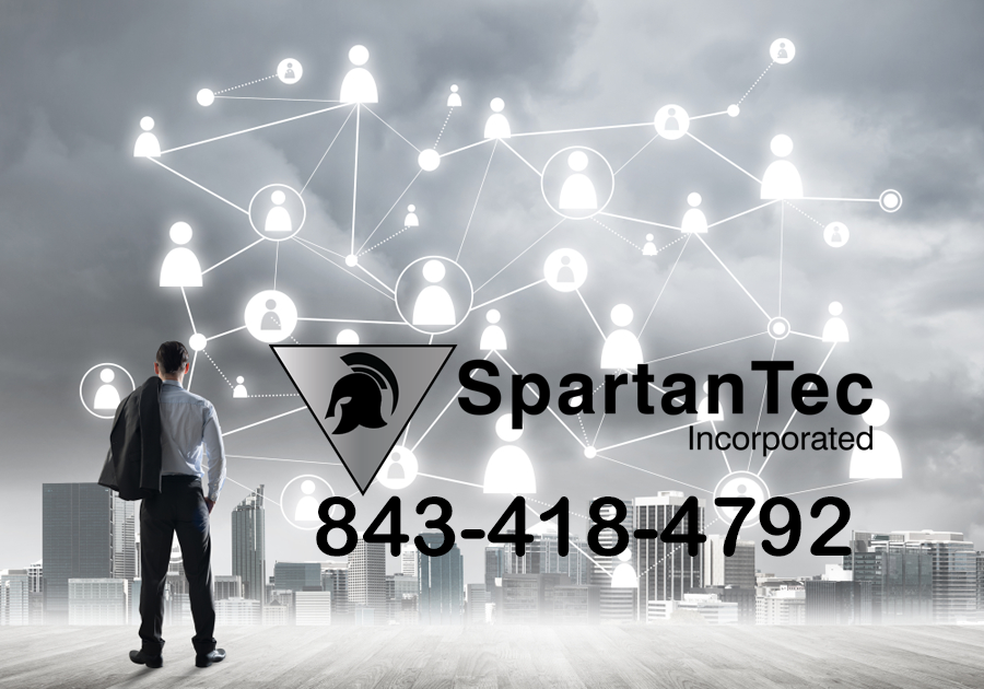 image show abstract illustration of man standing in front of cityscape technology icons.